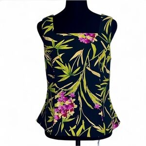 DRESSBARN Black & Green Floral Sleeveless Top 8, Scuare Neck W/Zipper Closure.